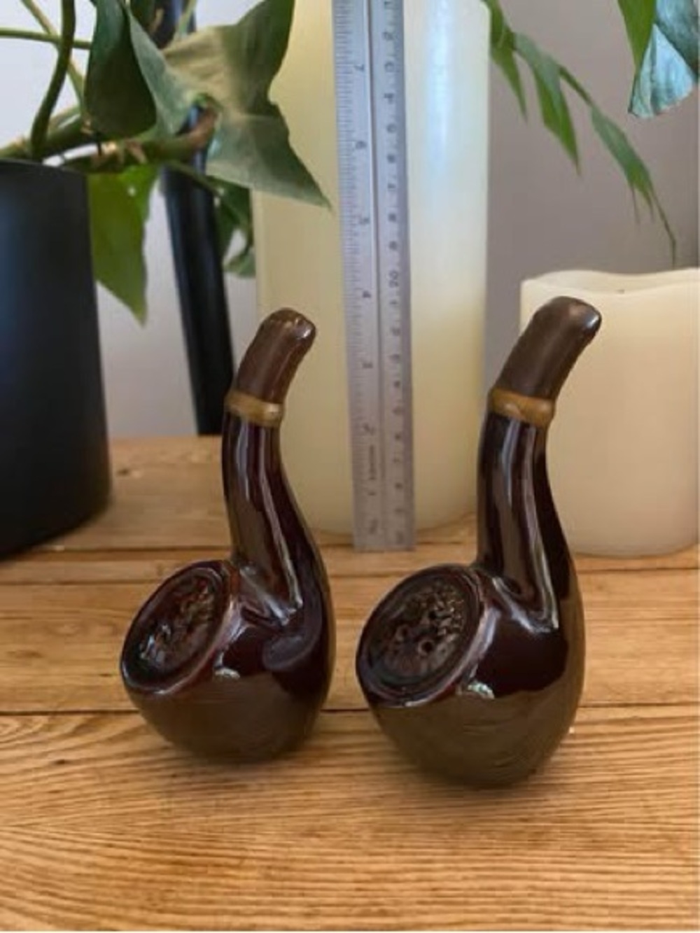 Vintage Ceramic Smoking Pipe Salt and Pepper Shakers Set Brown Glazed Pottery